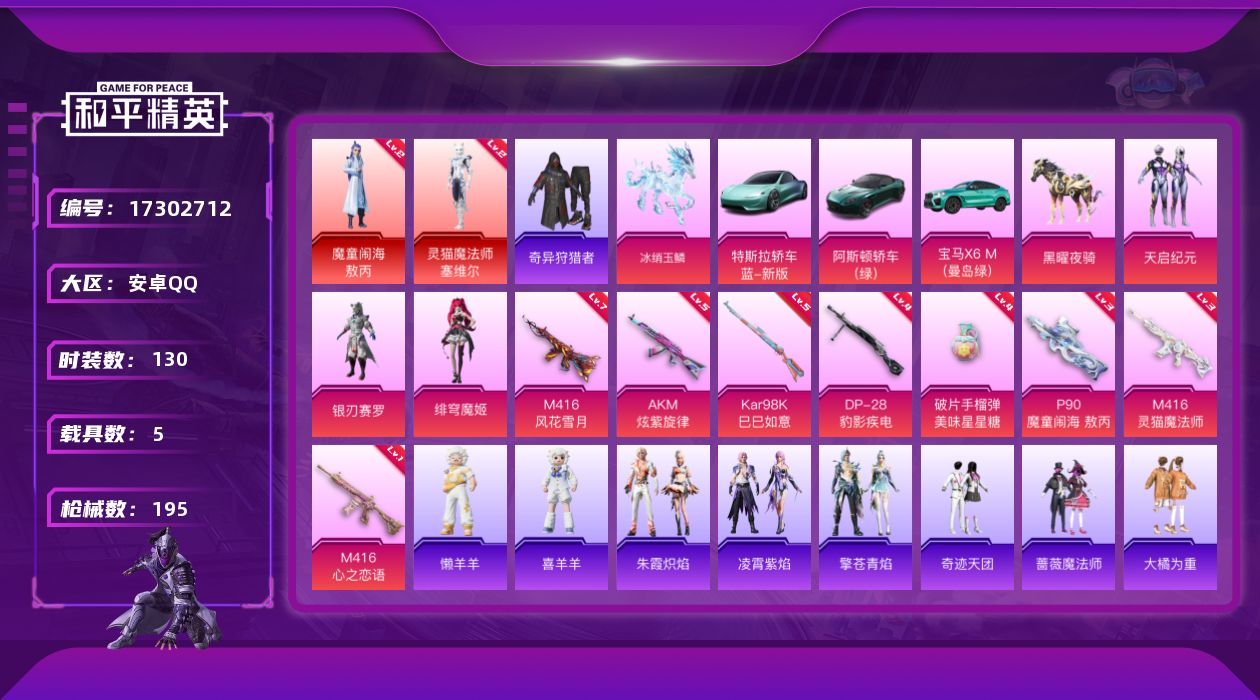 和平精英账号安卓QQ[17302712]【特价出售/店主推荐】安卓 手Q-2神装-3粉装-8特效枪-5载具-3粉色飞行器-72603热力值-6王牌印记-130套装-195枪皮
【红色神装等级】：魔童闹海-敖丙(二级)，灵