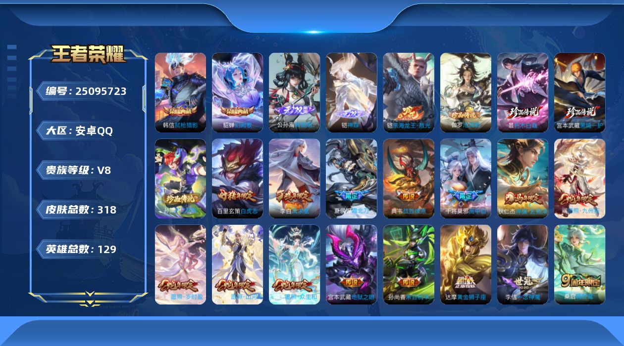 王者荣耀账号安卓QQ贵族8 荣耀典藏2 无双2 珍品传说5 传说皮肤20 史诗皮肤87 皮肤数量318 皮肤价值:244500 英雄129 至尊星耀IV 总场次5546