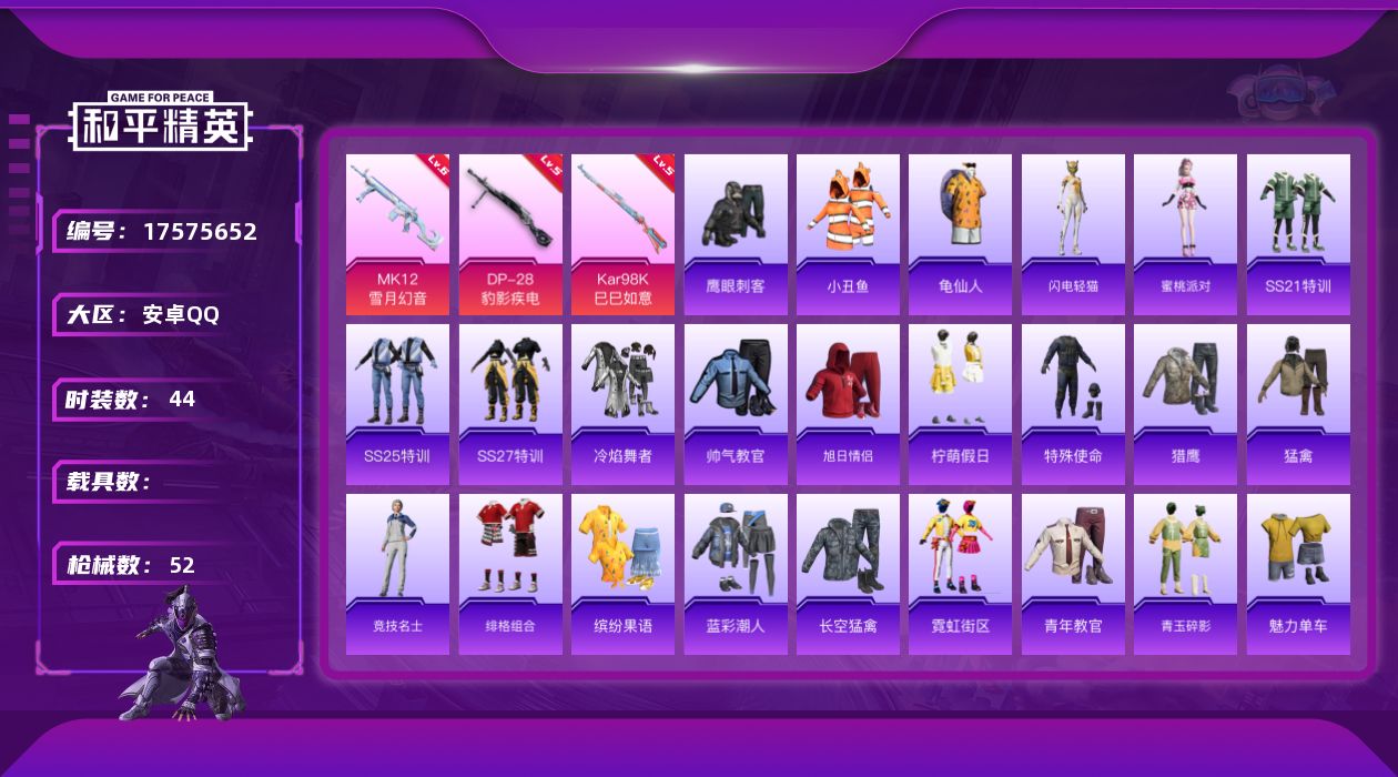 和平精英账号安卓QQ[17575652]安卓 手Q-0粉装-4特效枪-0载具-0粉色飞行器-15943热力值-1王牌印记-44套装-52枪皮
【热门品类】：套装-小丑鱼，套装-龟仙人
【粉色枪皮等级】：Kar98K-巳巳