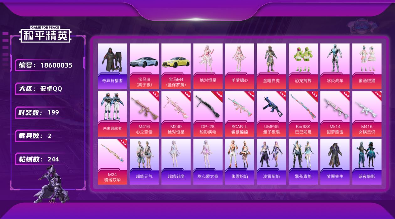 和平精英账号安卓QQ[18600035]安卓 手Q-7粉装-10特效枪-2载具-3粉色飞行器-83469热力值-15王牌印记-199套装-244枪皮
【热门品类】：套装-奇异狩猎者，套装-龟仙人，套装-粉红小猪，角色-M
