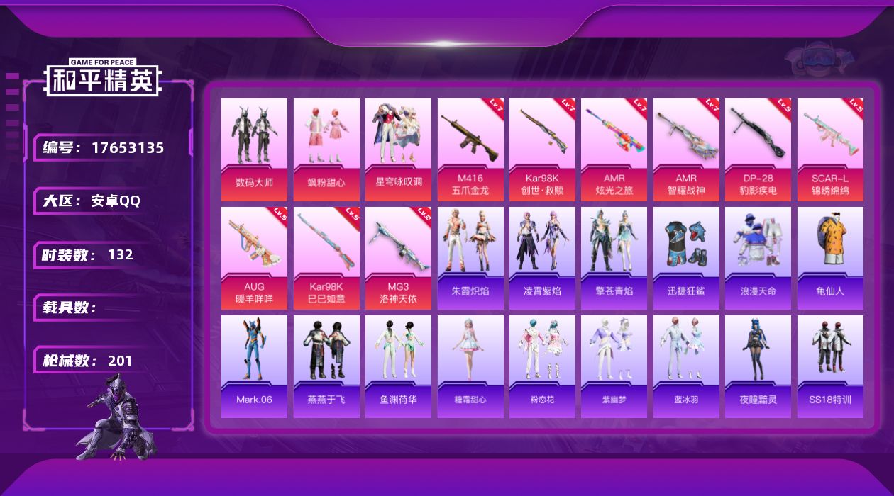 和平精英账号安卓QQ安卓 手Q-无敌战神框-3粉装-10特效枪-0载具-0粉色飞行器-64358热力值-16王牌印记-1