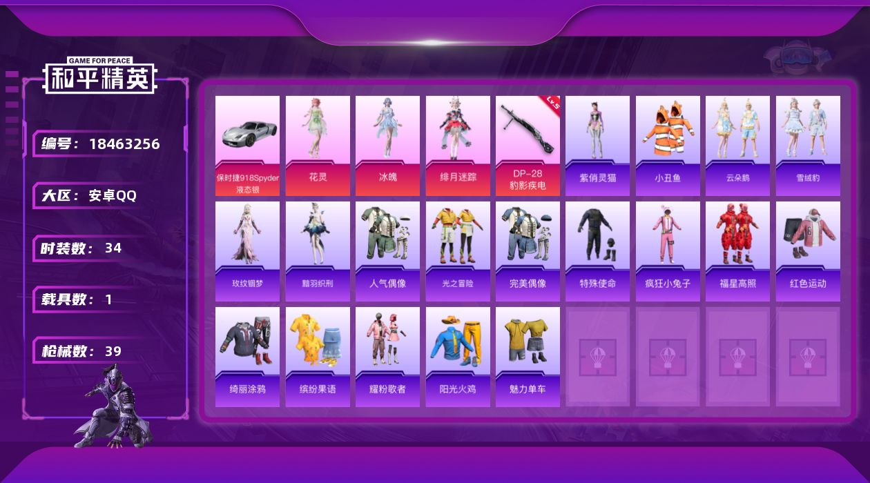 和平精英账号安卓QQ[18463256]可二次【特价出售/店主推荐】安卓 手Q-3粉装-1特效枪-1载具-4粉色飞行器-13990热力值-1王牌印记-34套装-39枪皮【热门品类】：套装-小丑鱼【粉色套装】：角色-绯月迷