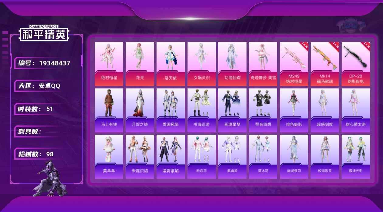 和平精英账号安卓QQ[19348437]51套装/枪械3/装备112/战备59/热力值25440/五级MK14-福马献瑞/六级M249-绝对恒星/五级DP-28-豹影疾电/绝对恒星/洛天依/女娲灵识/幻海仙踪/奇迹舞步-