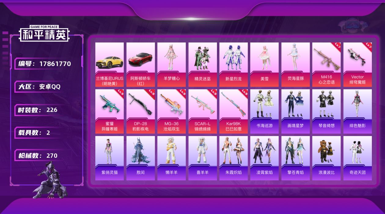 和平精英账号安卓QQ[17861770]精品公主号【店主推荐捡漏号！可直接换绑】安卓 手Q-7粉装-9特效枪-2载具-2粉色飞行器-84307热力值-20王牌印记-226套装-270枪皮【热门品类】：套装-小丑鱼，套装-
