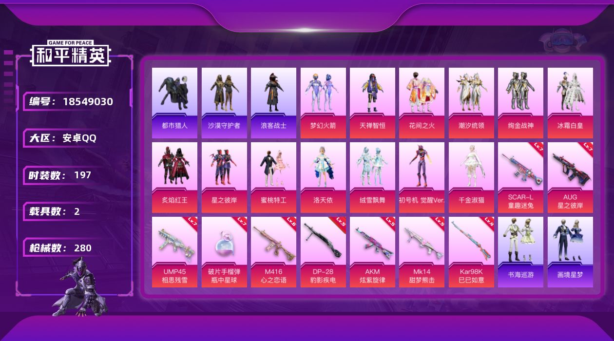 和平精英账号安卓QQ[18549030]安卓 手Q-1神装-13粉装-13特效枪-2载具-7粉色飞行器-92824热力值-14王牌印记-197套装-280枪皮
【红色神装等级】：灵驹仙姬-云歌(一级)
【红色角色神装】：