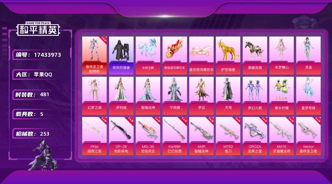 和平精英账号苹果QQ5载具-135套装-253枪皮-1红装1稀有6载具11粉装12特效枪13热门135套装253枪皮 8