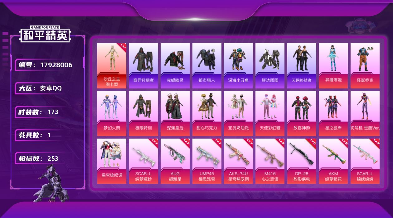 和平精英账号安卓QQ[17928006]【特价出售/店主推荐】
安卓 手Q-1神装-13粉装-16特效枪-1载具-8粉色飞行器-84470热力值-16王牌印记-173套装-253枪皮
【红色神装等级】：沙丘之主-图卡盟(