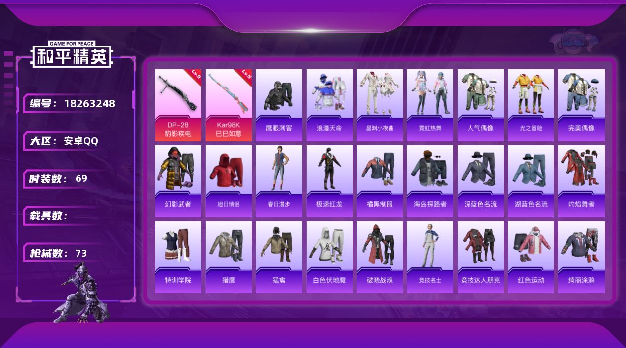 和平精英账号安卓QQ[18263248]安卓 手Q-0粉装-4特效枪-0载具-2粉色飞行器-17849热力值-4王牌印记-69套装-73枪皮
【热门品类】：套装-浪漫天命
【粉色枪皮等级】：AKS-74U-森灵之息(五级