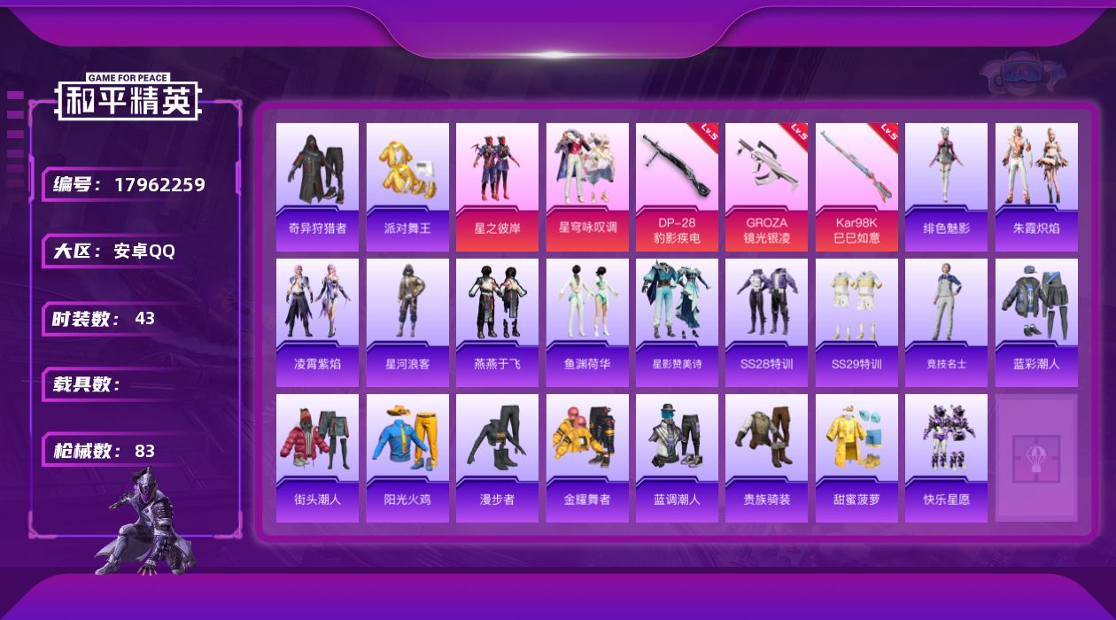 和平精英账号安卓QQ[17962259]安卓 手Q-2粉装-6特效枪-0载具-1粉色飞行器-23029热力值-1王牌印记-43套装-83枪皮
【热门品类】：套装-派对舞王，套装-奇异狩猎者，套装-星河浪客
【粉色套装】：