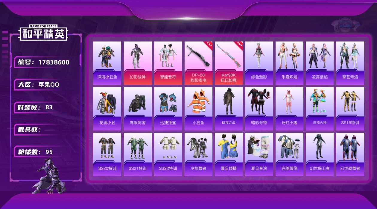 和平精英账号苹果QQ[17838600]苹果 手Q-2粉装-3特效枪-0载具-0粉色飞行器-25376热力值-6王牌印记-83套装-95枪皮
【热门品类】：套装-深海小丑鱼，套装-小丑鱼，套装-暗夜之虎，套装-暗影哥特，