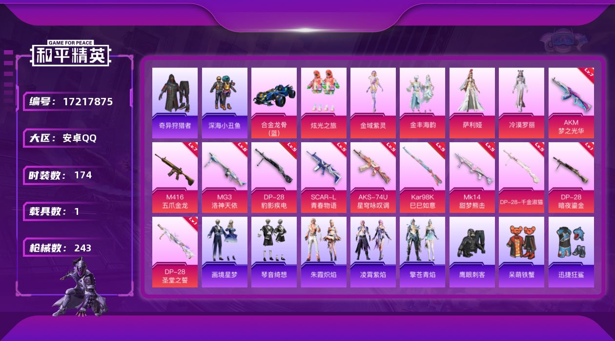 和平精英账号安卓QQ[17217875]安卓 手Q-5粉装-11特效枪-1载具-1粉色飞行器-74216热力值-15王牌印记-174套装-243枪皮
【热门品类】：套装-浪漫天命，套装-深海小丑鱼，套装-小丑鱼，套装-奇