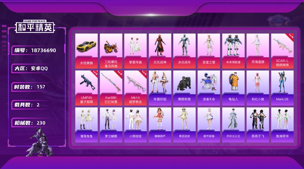 和平精英账号安卓QQ[18736690]安卓 手Q-6粉装-4特效枪-2载具-8粉色飞行器-75715热力值-7王牌印记-157套装-230枪皮
【热门品类】：套装-浪漫天命，套装-龟仙人，套装-粉红小猪，角色-Mark