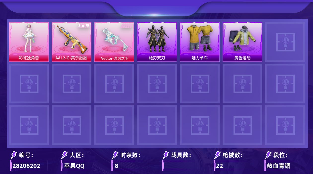 [28206202]苹果手Q-历史最高段位：超级王牌8星-1粉装-3特效枪-1粉色飞行器-6630热力值-1王牌印记-8套装-22枪皮
【粉色套装】：角色-彩虹独角兽
【粉色枪皮等级】：Vector-流风之羽(五级)，李-恩菲尔德-破风疾驰(二级)，AA12-G-其乐融融(三级)
【粉色枪皮】：Vector-流风之羽，李-恩菲尔德-破风疾驰，AA12-G-其乐融融
【粉色飞行器】：齐天大圣飞行器
【粉色降落伞】：破风疾驰降落伞
【稀有套装】：套装-绝刃双刀，套装-风纪星徽，套装-薄荷书签
【稀有枪皮】：SCAR-L-红色方程式，AUG-耀粉歌者，蜜獾-天降萌叽，UZI-炫彩节奏，UZI-竞技角斗士
【其他套装】：套装-魅力单车，套装-黄色运动
【营地ID】：1059651545