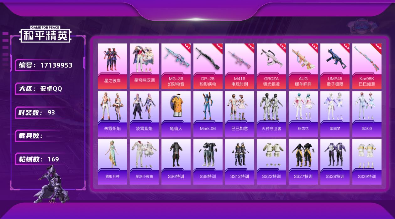 和平精英账号安卓QQ[17139953]安卓 手Q-2粉装-10特效枪-0载具-3粉色飞行器-45433热力值-2王牌印记-93套装-169枪皮
【热门品类】：套装-龟仙人，角色-Mark.06
【粉色套装】：粉装-星之