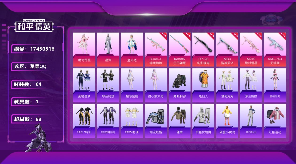 和平精英账号苹果QQ[17450516]苹果 手Q-4粉装-9特效枪-1载具-3粉色飞行器-29463热力值-4王牌印记-64套装-88枪皮
【热门品类】：套装-龟仙人
【粉色套装】：角色-绝对恒星，角色-洛天依，角色-