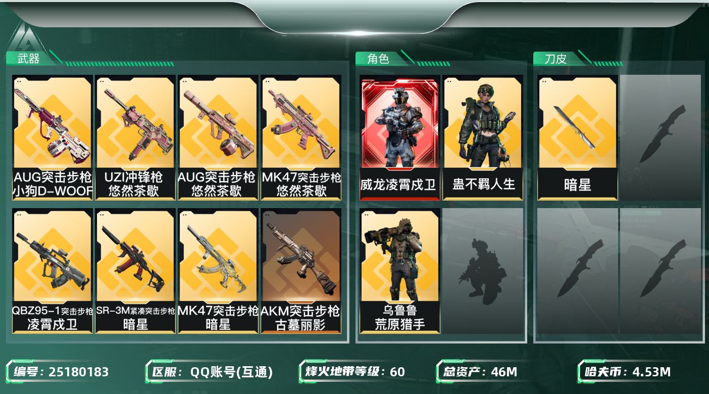三角洲行动账号QQ【51】46m总资产-4535k哈夫币-60烽火等级-铂金-17战场等级-列兵
【干员外观】：威龙-