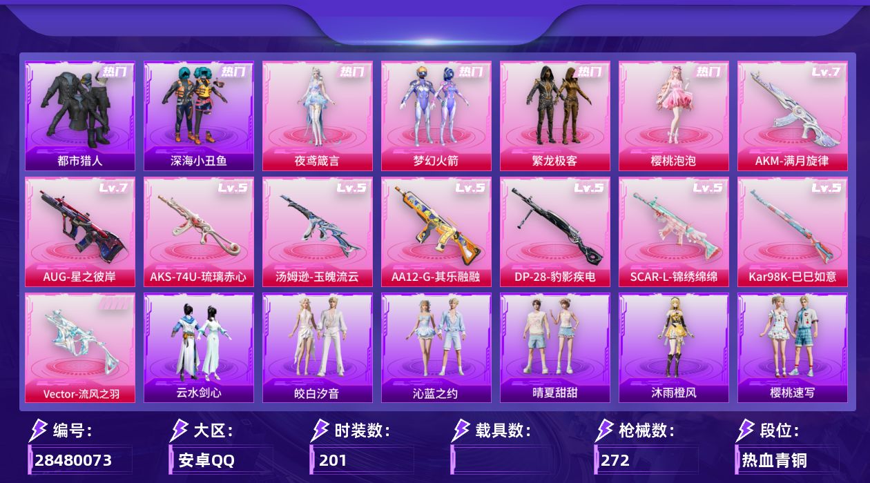 [28480073]都市猎人，AUG-星之彼岸(七级)，【特价出售/店主推荐】安卓手Q-历史最高段位：传奇王牌22星-4粉装-9特效枪-2粉色飞行器-80655热力值-24王牌印记-201套装-272枪皮
【热门品类】：粉装-梦幻火箭，粉装-繁龙极客，套装-都市猎人，套装-深海小丑鱼，角色-Mark.06
【粉色套装】：粉装-梦幻火箭，粉装-繁龙极客，角色-樱桃泡泡，角色-夜鸢箴言
【粉色枪皮等级】：AKM-满月旋律(七级)，SCAR-L-锦绣绵绵(五级)，AUG-星之彼岸(七级)，Vector-流风之羽(五级)，汤姆逊-玉魄流云(五级)，AKS-74U-琉璃赤心(五级)，Kar98K-巳巳如意(五级)，AA12-G-其乐融融(五级)，DP-28-豹影疾电(五级)
【粉色枪皮】：AKM-满月旋律，SCAR-L-锦绣绵绵，AUG-星之彼岸，Vector-流风之羽，汤姆逊-玉魄流云，AKS-74U-琉璃赤心，Kar98K-巳巳如意，AA12-G-其乐融融，DP-28-豹影疾电
【粉色飞行器】：满月旋律飞行器，镜光幻境飞行翼
【粉色降落伞】：绝对恒星降落伞，满月旋律降落伞，破风疾驰降落伞，星之彼岸降落伞，精灵梦叶罗丽降落伞，守护天翼降落伞，冷漠罗丽降落伞，炫彩糖果降落伞，仙逆降落伞，夜鸢箴言降落伞，君莫笑降落伞，罗峰降落伞
【稀有套装】：套装-巳巳如意，套装-雪国风尚，套装-迅捷龙虾，套装-云宝联名款，套装-其乐融融，套装-彩旗巡礼，套装-恋语绒绒，套装-银辉夜曲，套装-流萤和鸣，套装-晴夏甜甜，套装-荒原烈焰，套装-云水剑心，套装-冰河战士，套装-香桃花海，套装-破风疾驰，套装-雏菊兔兔，套装-萝兰蝴蝶，套装-糖糖葫芦，套装-青团波波，套装-棉花软糖，套装-燕燕于飞，套装-鱼渊荷华，套装-云朵鹅，套装-雪绒豹，角色-灵公主，套装-朱霞炽焰，套装-凌霄紫焰，套装-擎苍青焰，套装-书海巡游，套装-画境星梦，套装-琴音绮想，套装-雨过天青，套装-红釉青花，套装-锦灰蝶梦，套装-燕雀桃枝，套装-玉兰双鹊，角色-苍鸢海境，套装-樱桃速写，套装-甜橙彩绘，角色-沐雨橙风，套装-皎白汐音，套装-沁蓝之约，套装-风纪星徽，套装-薄荷书签
【稀有枪皮】：AKM-彩虹符号，AKM-影袭，AKM-灼热熔岩，AKM-霓虹街区，AKM-龙的传人，M16A4-幻世战舞者，M16A4-甜心亚梦，SCAR-L-玉兔迎春