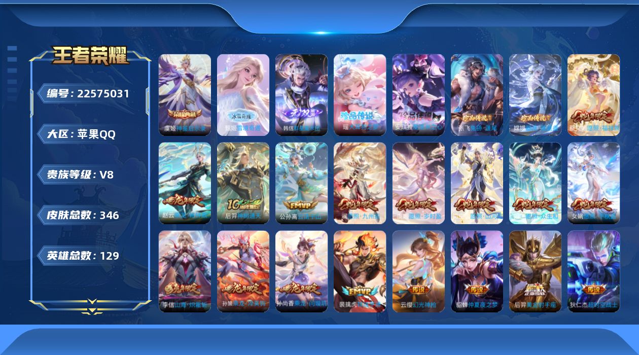 王者荣耀账号苹果QQ贵族8 荣耀典藏1 无双2 珍品传说4 传说皮肤19 史诗皮肤95 皮肤数量346 皮肤价值:233934 英雄129 荣耀王者 总场次7633
