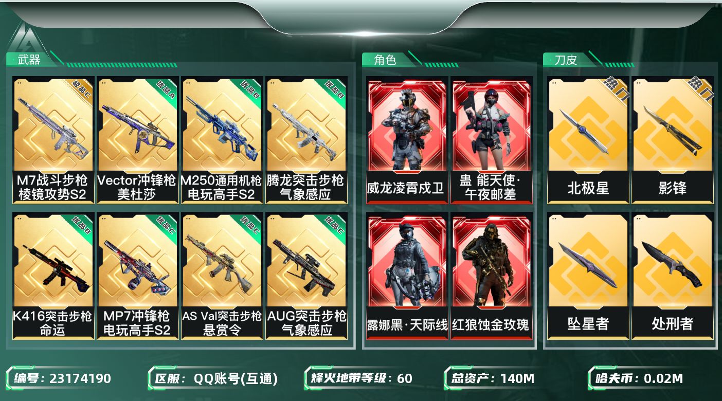 三角洲行动账号QQ【k779】140m总资产-24k哈夫币-60烽火等级-钻石-50战场等级-军士长
【干员外观】：红