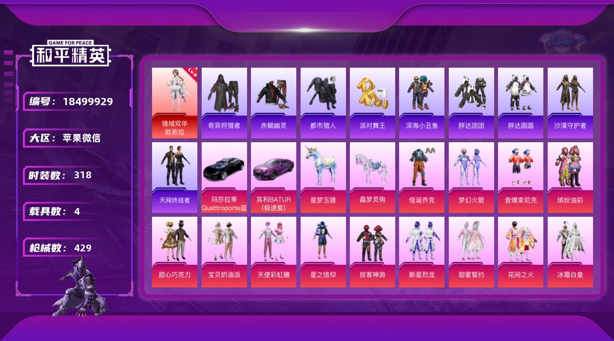 和平精英账号苹果微信"DAS11074 可二次  苹果V-1红装9稀有5载具45粉装24特效枪40热门318套装429枪