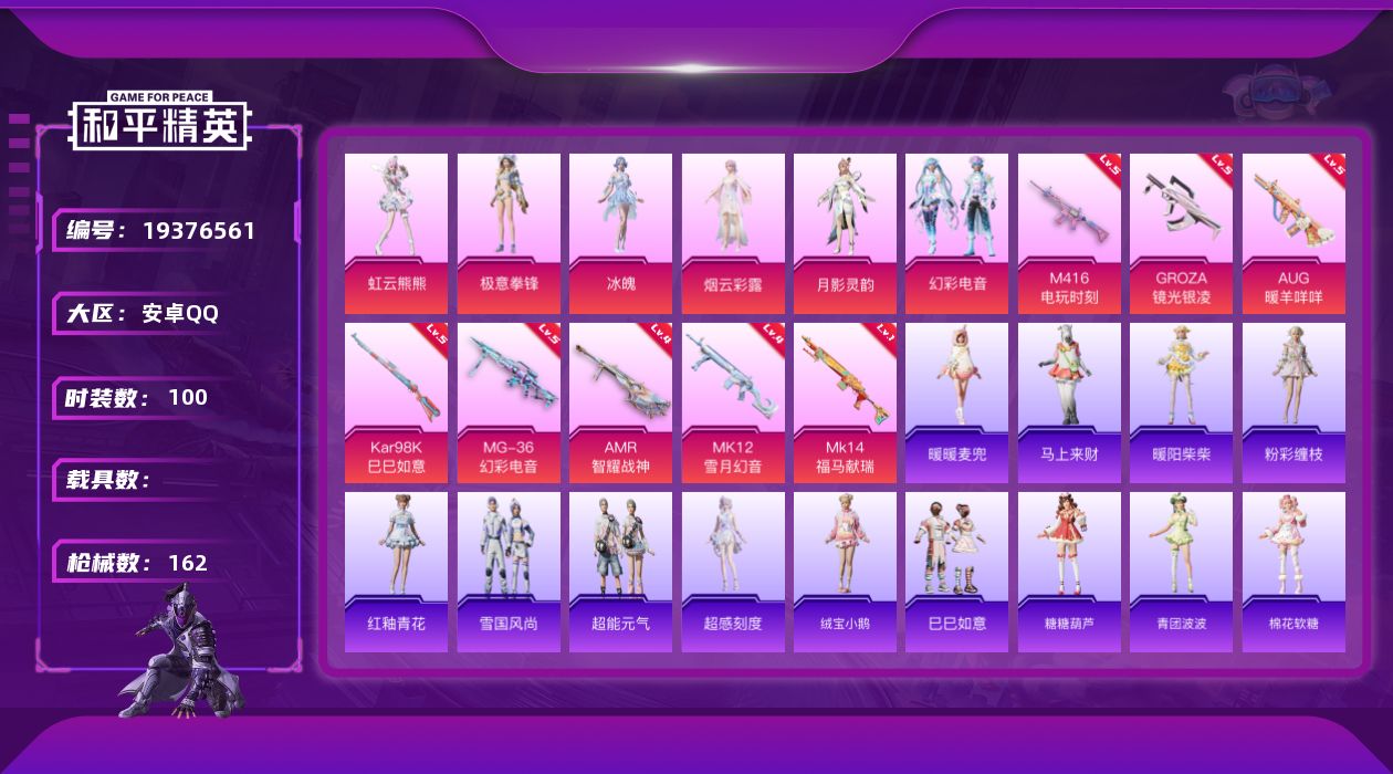 和平精英账号安卓QQ[19376561]安卓 手Q-6粉装-8特效枪-0载具-0粉色飞行器-44674热力值-4王牌印记-100套装-162枪皮
【粉色套装】：角色-烟云彩露，角色-月影灵韵，粉装-幻彩电音，角色-冰魄，