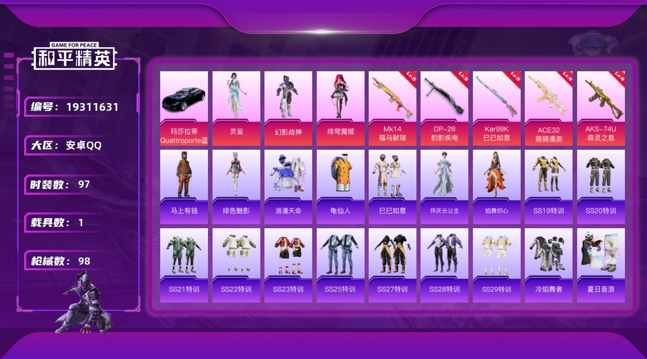 和平精英账号安卓QQ[19311631]安卓 手Q-3粉装-5特效枪-1载具-1粉色飞行器-32664热力值-4王牌印记-97套装-98枪皮
【热门品类】：套装-浪漫天命，套装-龟仙人
【粉色套装】：粉装-幻影战神，角色