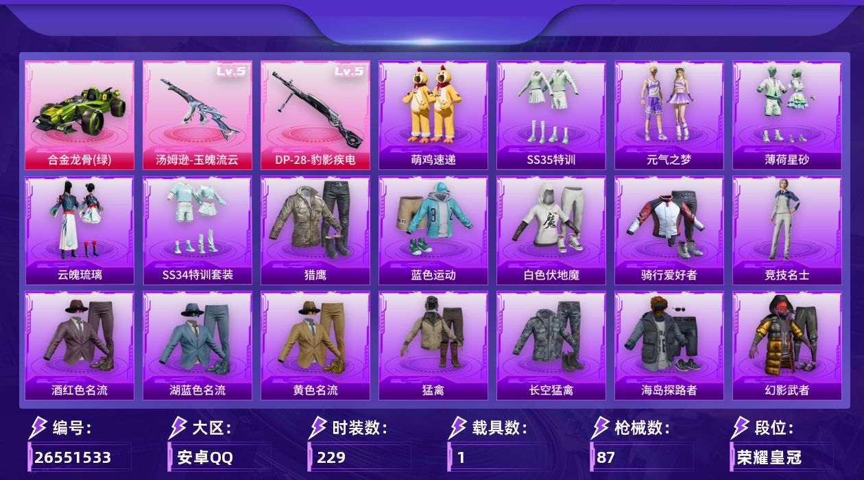 和平精英账号安卓QQ[]2特效枪 1载具 4印记 可二次 可修改实名 
【载具】合金龙骨（绿）
【稀有枪皮】DP-28-