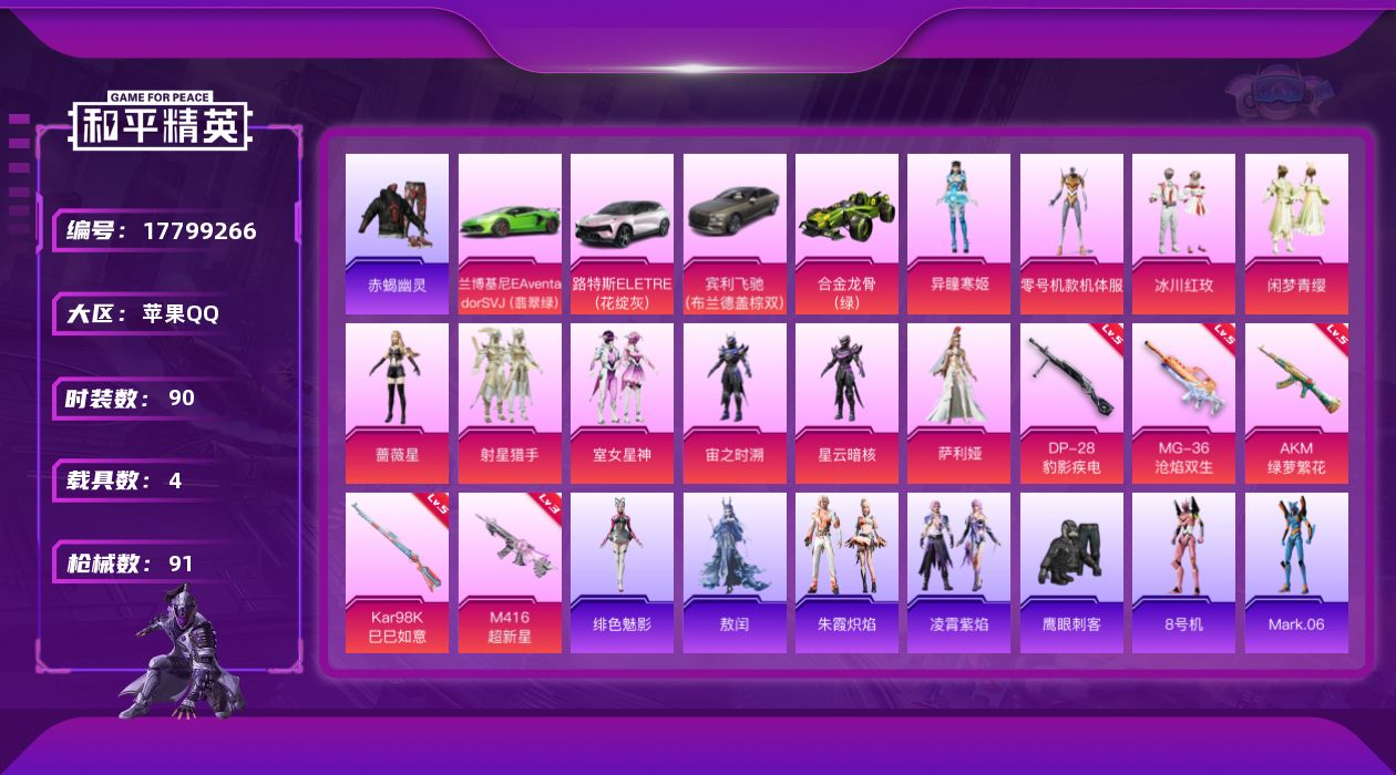 和平精英账号苹果QQ时装数: 328 载具数: 4 枪械数: 91 战备数: 70 热门装扮: 鹰眼刺客,零号机款机体服