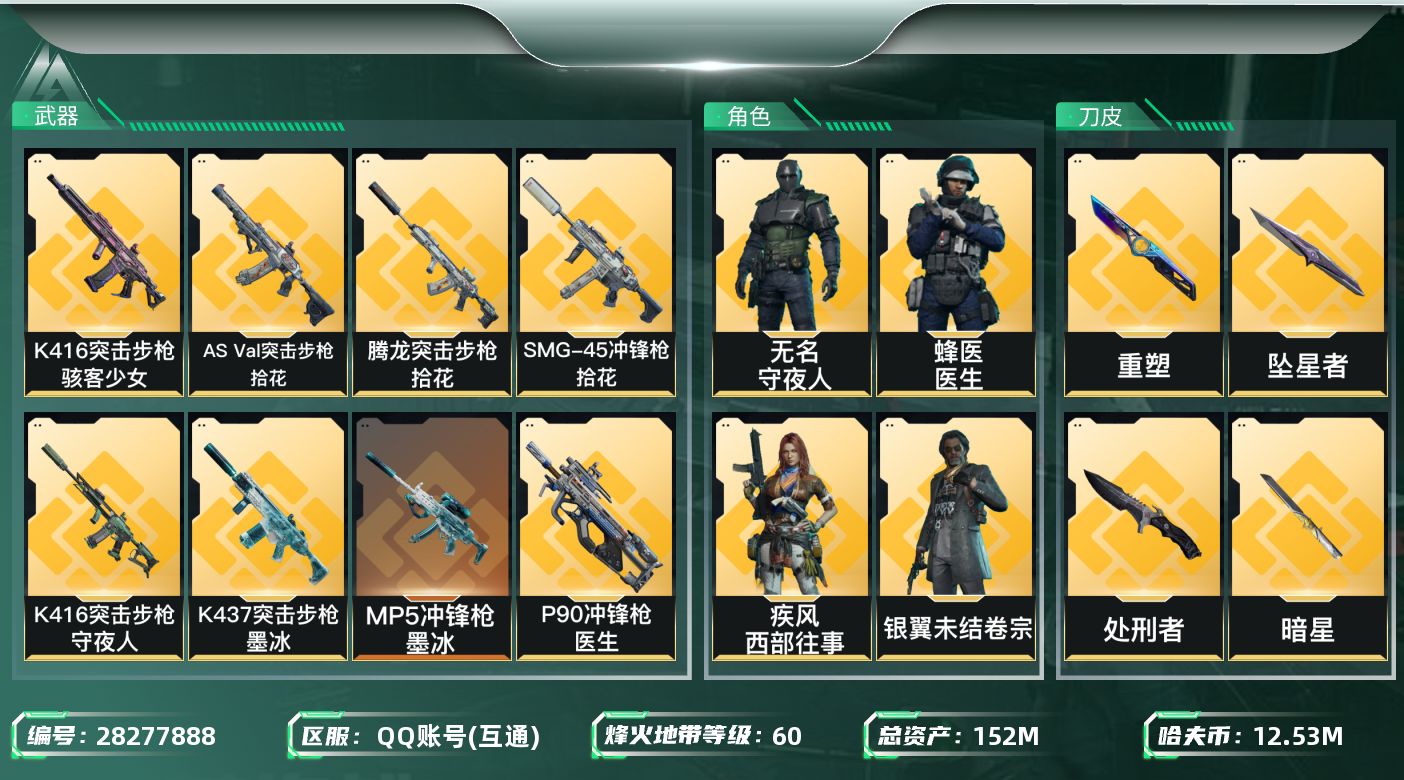 三角洲行动账号QQ【8214】152m总资产-12537k哈夫币-60烽火等级-黑鹰-50战场等级-列兵
【干员外观】