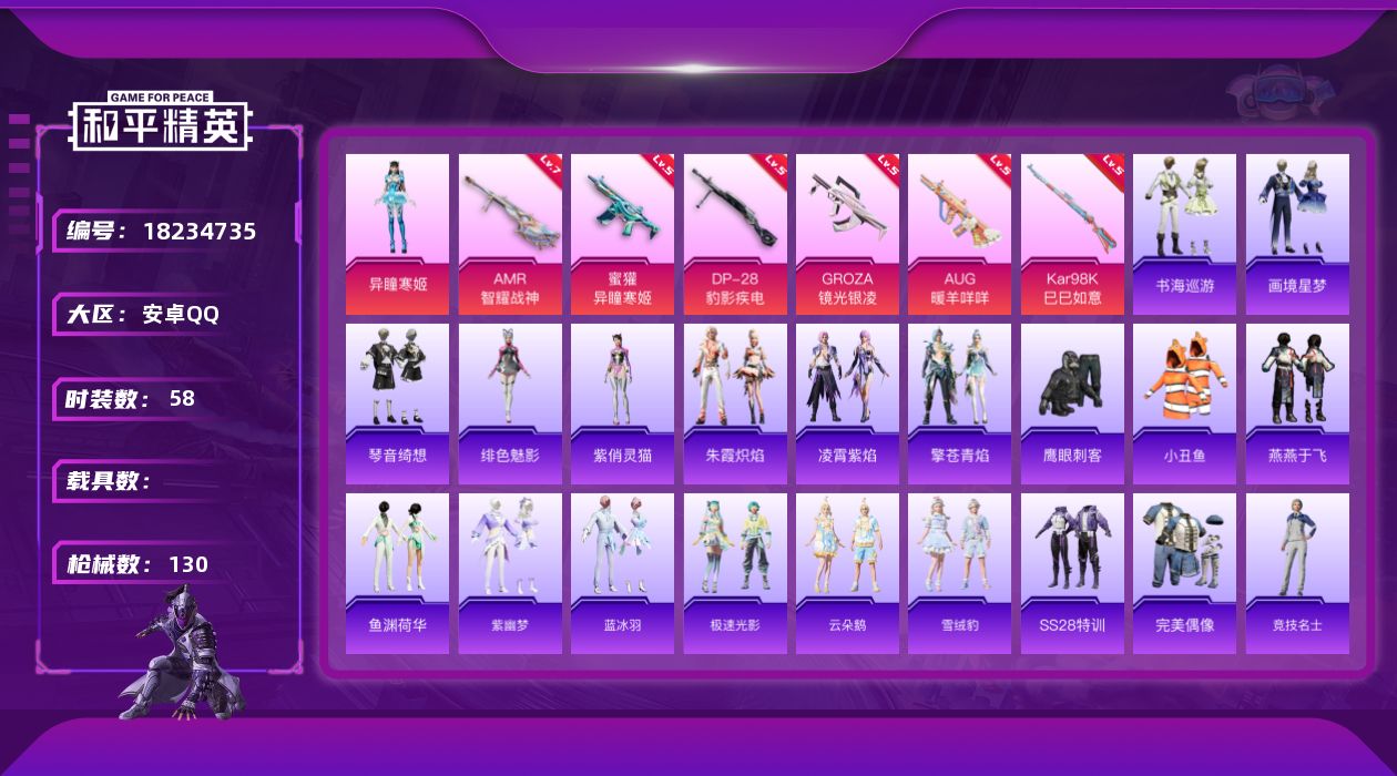 和平精英账号安卓QQ[18234735]可二次【特价出售/店主推荐】安卓 手Q-2粉装-10特效枪-1粉色飞行器-32904热力值-3王牌印记-58套装-130枪皮【热门品类】：套装-小丑鱼【粉色套装】：角色-异瞳寒姬，