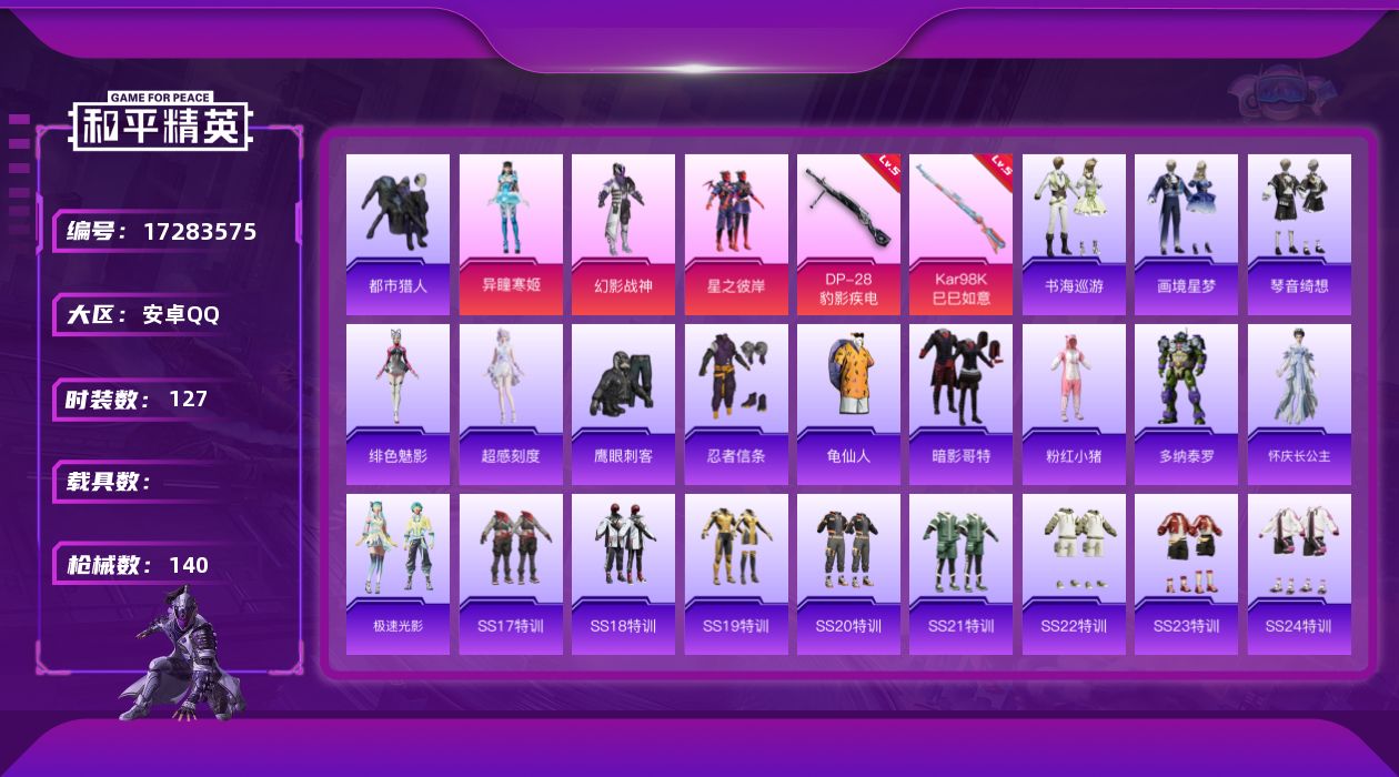 和平精英账号安卓QQ[17283575]安卓 手Q-3粉装-5特效枪-0载具-2粉色飞行器-40791热力值-2王牌印记-127套装-140枪皮
【热门品类】：套装-都市猎人，套装-忍者信条，套装-龟仙人，套装-暗影哥特