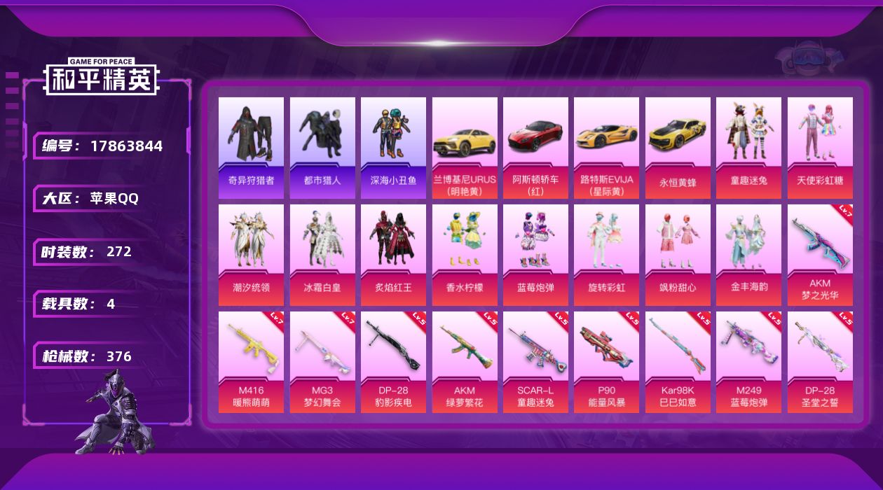和平精英账号苹果QQ[17863844]苹果 手Q-无敌战神框-10粉装-13特效枪-4载具-3粉色飞行器-123294热力值-13王牌印记-272套装-376枪皮
【热门品类】：粉装-童趣迷兔，套装-浪漫天命，套装-都