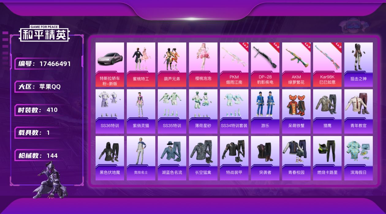 和平精英账号苹果QQ3粉装 4特效枪 1载具 10印记 可二次 可修改实名 
【热门装扮】樱桃泡泡,蜜桃特工,葫芦兄弟,