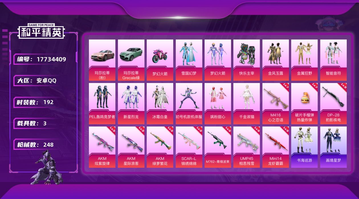 和平精英账号安卓QQ[17734409]安卓 手Q-13粉装-10特效枪-3载具-2粉色飞行器-90923热力值-13王牌印记-192套装-248枪皮
【热门品类】：粉装-雪国幻梦，粉装-梦幻火箭，套装-浪漫天命，套装-