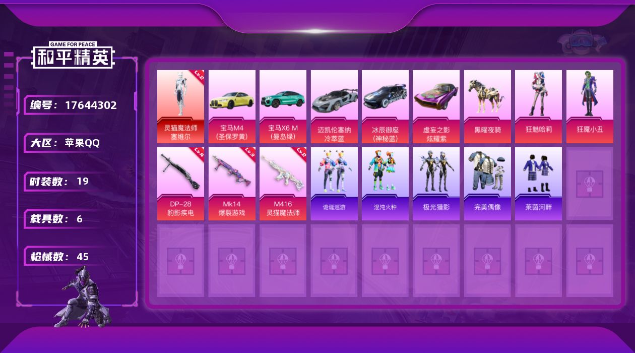 和平精英账号苹果QQ[17644302]可二次【特价出售/店主推荐】苹果 手Q-1神装-2粉装-3特效枪-6载具-1粉色飞行器-17654热力值-2王牌印记-19套装-45枪皮
【红色神装等级】：灵猫魔法师-塞维尔(二级
