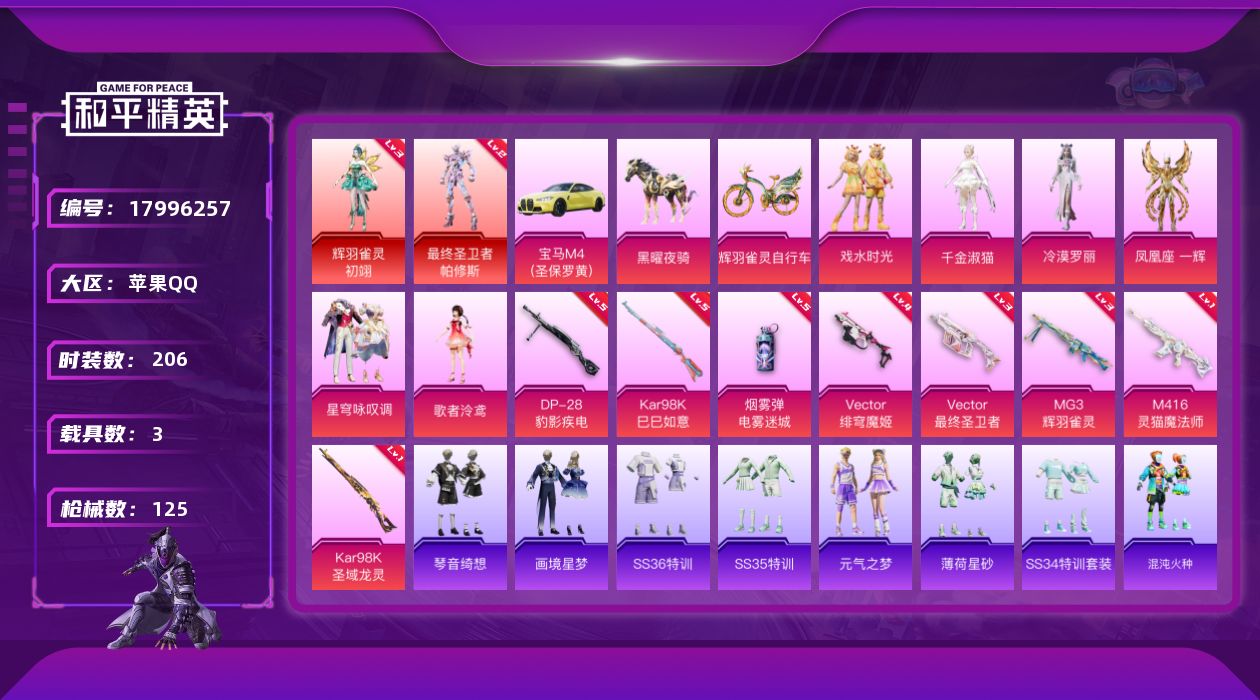 和平精英账号苹果QQ3载具-60套装-125枪皮-2红装3载具6粉装9特效枪60套装125枪皮 44714热力值 5印记