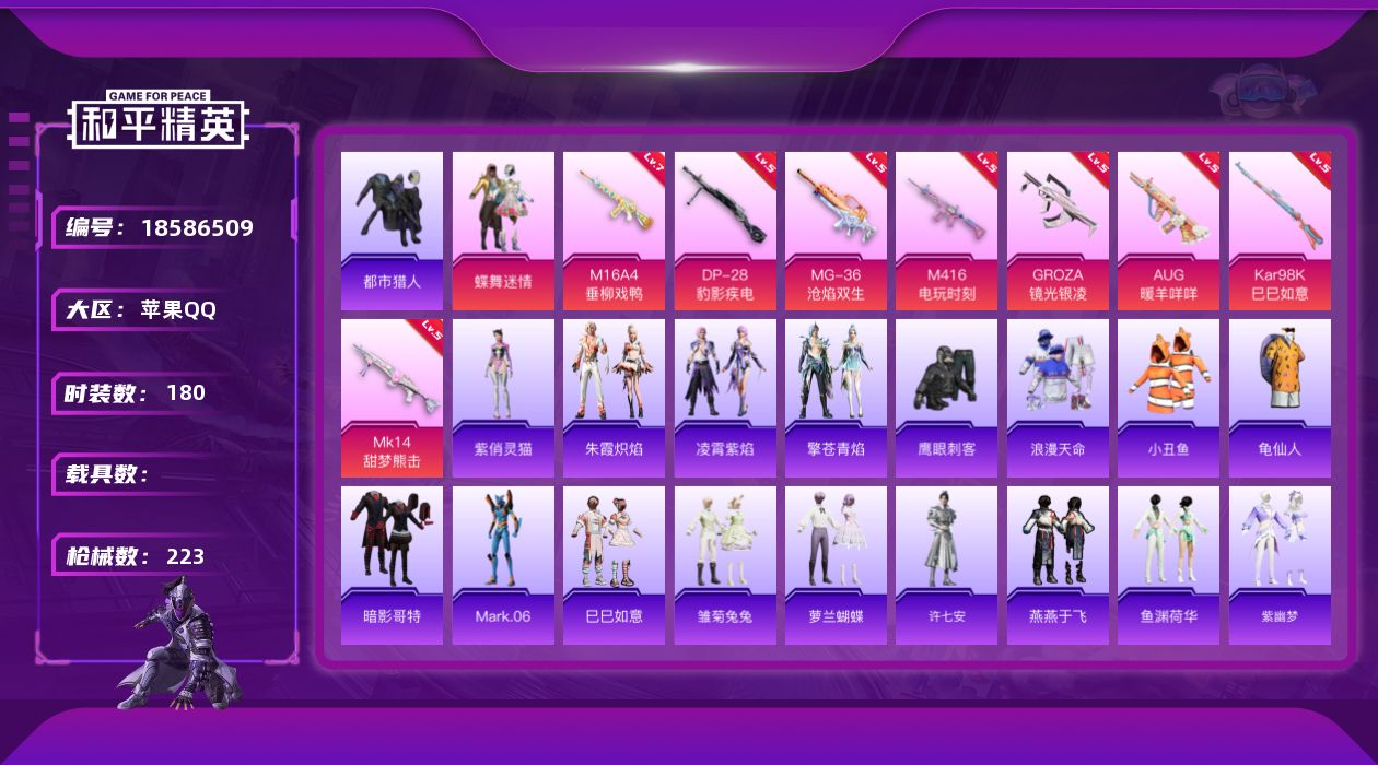 和平精英账号苹果QQ[18586509]粉装2/粉枪10/珍稀飞行器130245,72273/套装180/枪皮223/热力值62769/历史最高段位:王牌印记15次/Lv:65/七级M16A4-垂柳戏鸭/五级M416-电