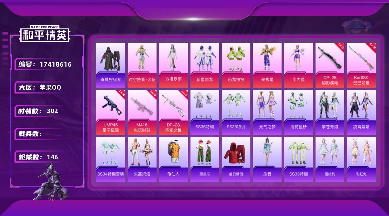 和平精英账号苹果QQ0载具-87套装-146枪皮-Q社交限制-1稀有6粉装7特效枪3热门87套装146枪皮 40877热
