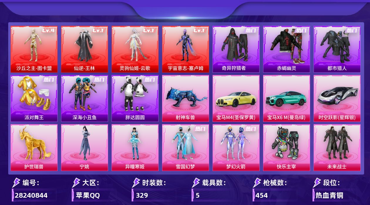 [28240844]苹果手Q-历史最高段位：无敌战神-4神装-17粉装-21特效枪-5载具-10粉色飞行器-156298热力值-35王牌印记-329套装-454枪皮
【红色神装等级】：仙逆-王林(一级)，灵驹仙姬-云歌(一级)，宇宙意志-塞卢姆(一级)，沙丘之主-图卡盟(四级)
【红色角色神装】：仙逆-王林，灵驹仙姬-云歌，宇宙意志-塞卢姆，沙丘之主-图卡盟
【热门品类】：粉装-雪国幻梦，粉装-梦幻火箭，套装-浪漫天命，套装-赤蝎幽灵，套装-都市猎人，套装-派对舞王，套装-深海小丑鱼，套装-小丑鱼，套装-奇异狩猎者，套装-胖达圆圆，套装-金羽特工，套装-AG战队服，套装-SS1特训，套装-龟仙人，套装-潮萌小黄鸭，套装-暗影哥特，角色-8号机，角色-Mark.06，角色-六号稻草人
【粉色套装】：粉装-快乐主宰，粉装-未来战士，粉装-甜心巧克力，粉装-宝贝奶油派，粉装-天使彩虹糖，粉装-雪国幻梦，粉装-梦幻火箭，粉装-王牌四分卫，角色-洛天依，角色-复仇流浪者，套装-创世·救赎，角色-星梦奇缘，角色-初号机 觉醒Ver.，角色-萨利娅，角色-凤凰座 一辉，角色-异瞳寒姬，角色-宁姚
【粉色枪皮等级】：SCAR-L-云端童话(四级)，M416-五爪金龙(一级)，M416-墨龙九天(三级)，AUG-星之彼岸(一级)，ACE32-萌骑漫游(四级)，ARX-神木藏锋(四级)，UMP45-宇宙意志(三级)，汤姆逊-玉魄流云(三级)，AKS-74U-森灵之息(五级)，P90-沙丘之主(三级)，Kar98K-巳巳如意(五级)，M24-镜域双华(三级)，Mk14-福马献瑞(五级)，AA12-G-萌骑幻想(五级)，AA12-G-其乐融融(一级)，DP-28-千金淑猫(二级)，DP-28-豹影疾电(五级)，MG3-洛神天依(三级)，M338-仙逆(三级)，燃烧瓶-薄荷可可(六级)，破片手榴弹-贪吃小熊(六级)
【粉色载具】：宝马M4（圣保罗黄），宝马X6 M（曼岛绿），时空跃影（星辉银），空客H135-蔚蓝之翼，护世瑞兽，射神车兽
【粉色枪皮】：SCAR-L-云端童话，M416-五爪金龙，M416-墨龙九天，AUG-星之彼岸，ACE32-萌骑漫游，ARX-神木藏锋，UMP45-宇宙意志，汤姆逊-玉魄流云，AKS-74U-森灵之息，P90-沙丘之主，Kar98K-巳巳如意，M24-镜域双华，Mk14-福马