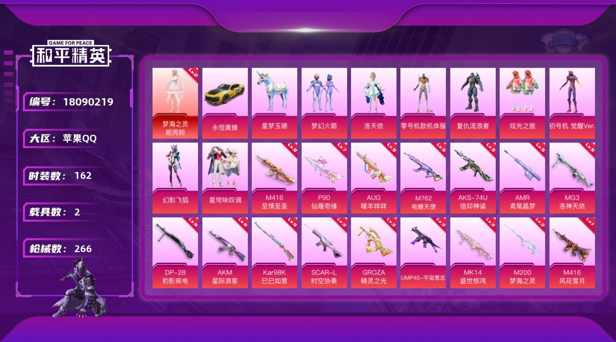 和平精英账号苹果QQ[18090219]苹果 手Q-1神装-9粉装-21特效枪-2载具-8粉色飞行器-91790热力值-13王牌印记-162套装-266枪皮
【红色神装等级】：梦海之灵-妮芮妲(二级)
【红色角色神装】：