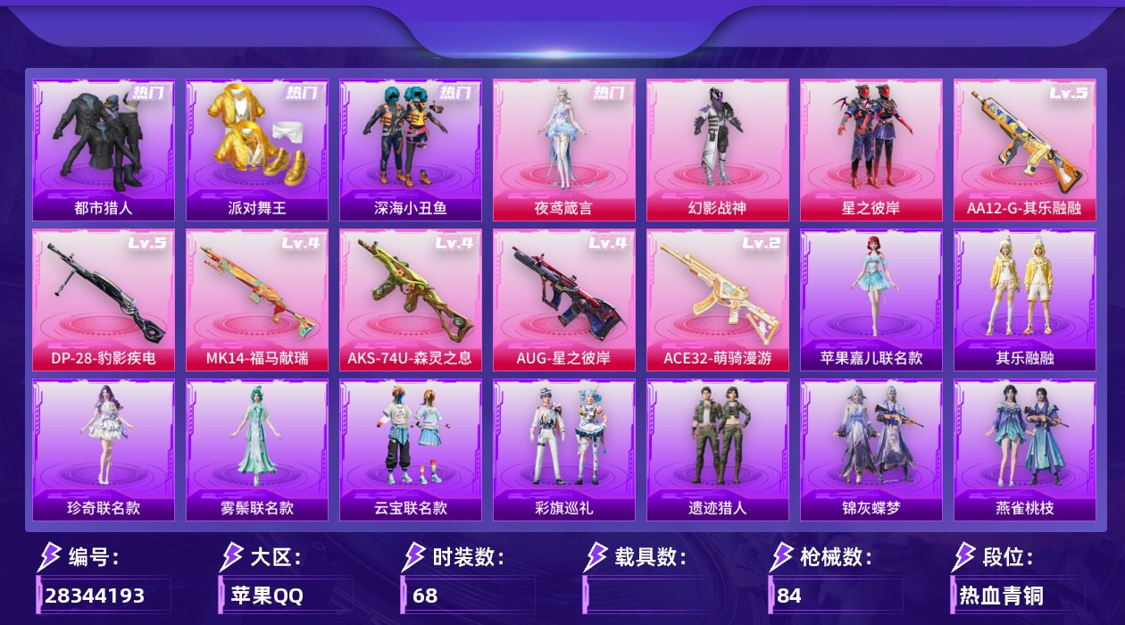 [28344193]苹果手Q-历史最高段位：传奇王牌16星-3粉装-6特效枪-4粉色飞行器-27705热力值-4王牌印记-68套装-84枪皮
【热门品类】：套装-都市猎人，套装-派对舞王，套装-深海小丑鱼，套装-暗影哥特
【粉色套装】：粉装-幻影战神，粉装-星之彼岸，角色-夜鸢箴言
【粉色枪皮等级】：AUG-星之彼岸(四级)，ACE32-萌骑漫游(二级)，AKS-74U-森灵之息(四级)，Mk14-福马献瑞(四级)，AA12-G-其乐融融(五级)，DP-28-豹影疾电(五级)
【粉色枪皮】：AUG-星之彼岸，ACE32-萌骑漫游，AKS-74U-森灵之息，Mk14-福马献瑞，AA12-G-其乐融融，DP-28-豹影疾电
【粉色飞行器】：炫彩糖果飞行器，星之彼岸飞行器，灵珠游龙飞行器，暮色之舞飞行器
【粉色降落伞】：绝对恒星降落伞，星之彼岸降落伞，戏水时光降落伞，魔童闹海 敖丙降落伞，异瞳寒姬降落伞，炫彩糖果降落伞，夜鸢箴言降落伞
【稀有套装】：套装-超能元气，角色-超感刻度，角色-甜心蒙太奇，套装-雪国风尚，套装-炫彩糖果，套装-马上来财，套装-遗迹猎人，角色-珍奇联名款，角色-雾鬃联名款，套装-云宝联名款，套装-其乐融融，套装-彩旗巡礼，套装-苹果嘉儿联名款，套装-恋语绒绒，角色-都市丽猫，角色-绯色魅影，角色-紫俏灵猫，套装-书海巡游，套装-画境星梦，套装-琴音绮想，套装-雨过天青，套装-红釉青花，角色-皓月伶影，套装-锦灰蝶梦，套装-燕雀桃枝，套装-玉兰双鹊
【稀有枪皮】：AUG-冰晶雪宝，AKM-影袭，AKM-星之彼岸，SCAR-L-玉兔迎春，GROZA-影袭，AUG-绝对恒星，M762-登顶巅峰，G36C-灵驹仙姬，ACE32-画境星梦，UZI-幻影战神，UZI-影袭，UMP45-生命誓言，Vector-金玉无双，汤姆逊-天降萌叽，汤姆逊-像素花束，MP5K-画境星梦，MP7-G-锦灰蝶梦，Kar98K-幻影战神，Kar98K-影袭，M24-影袭，AWM-暮色玫影，VSS-星之彼岸，VSS-未来战士，Mini14-耀粉歌者，M417-锦灰蝶梦，M1加兰德-画境星梦，S686-千金淑猫，S1897-锦灰蝶梦，S1897-戏水时光，S12K-幻影战神，AA12-G-画境星梦，M249-星之彼岸，MG3-幻世战舞者，M338-锦灰蝶梦，突击盾牌-绝对恒星，平底锅-锦灰蝶梦，平底锅