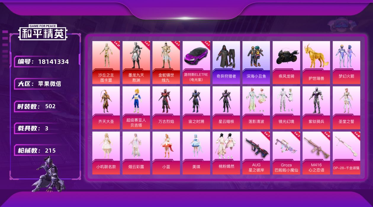 和平精英账号苹果微信[18141334]3红装 14粉装 14特效枪 3载具 12印记 可二次 可修改实名 
【二级神装