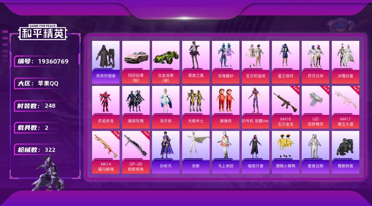 和平精英账号苹果QQ[19360769]苹果 手Q-12粉装-5特效枪-2载具-5粉色飞行器-104235热力值-18王牌印记-248套装-322枪皮
【热门品类】：套装-奇异狩猎者，角色-军刀雅典娜，套装-金羽特工，套