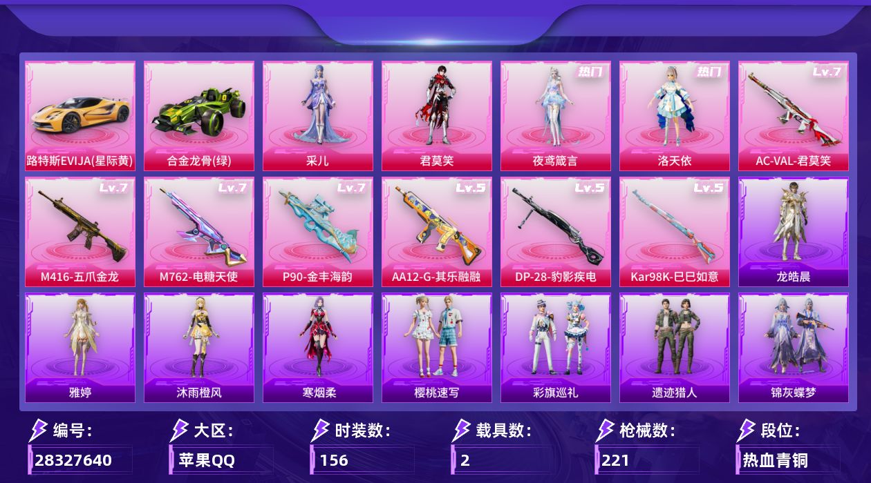 [28327640]苹果手Q-历史最高段位：卓越王牌14星-4粉装-7特效枪-2载具-3粉色飞行器-67955热力值-16王牌印记-156套装-221枪皮
【热门品类】：套装-龟仙人，套装-粉红小猪
【粉色套装】：角色-洛天依，角色-夜鸢箴言，角色-君莫笑，角色-采儿
【粉色枪皮等级】：M416-五爪金龙(七级)，M762-电糖天使(七级)，AC-VAL-君莫笑(七级)，P90-金丰海韵(七级)，Kar98K-巳巳如意(五级)，AA12-G-其乐融融(五级)，DP-28-豹影疾电(五级)
【粉色载具】：路特斯EVIJA（星际黄），合金龙骨（绿）
【粉色枪皮】：M416-五爪金龙，M762-电糖天使，AC-VAL-君莫笑，P90-金丰海韵，Kar98K-巳巳如意，AA12-G-其乐融融，DP-28-豹影疾电
【粉色飞行器】：星夜魔法师飞行翼，闪光银龙飞行器，六号石头人飞行器
【粉色降落伞】：春暖花开降落伞，锦绣火鲤降落伞，环太平洋降落伞，彩虹甜喵降落伞，旋转彩虹降落伞，第五大道降落伞，六号石头人降落伞，夜鸢箴言降落伞，君莫笑降落伞，神印王座降落伞，吾皇猫降落伞
【稀有套装】：套装-龟仙人，套装-巳巳如意，套装-雪国风尚，套装-遗迹猎人，套装-彩旗巡礼，套装-恋语绒绒，套装-冰河战士，套装-香桃花海，套装-雏菊兔兔，套装-萝兰蝴蝶，套装-小熊娃娃，角色-怀庆长公主，套装-燕燕于飞，套装-鱼渊荷华，套装-星影赞美诗，套装-极速光影，套装-雨过天青，套装-红釉青花，套装-锦灰蝶梦，套装-燕雀桃枝，套装-玉兰双鹊，套装-樱桃速写，角色-沐雨橙风，角色-寒烟柔，角色-龙皓晨，角色-雅婷
【稀有枪皮】：AKM-冰凉西瓜，AKM-夜灯，AKM-彩虹符号，AKM-生命誓言，AKM-破晓战魂，AKM-虎虎生威，AKM-霓虹街区，AKM-龙的传人，M16A4-幻世战舞者，M16A4-甜心亚梦，SCAR-L-夜灯，SCAR-L-炫彩节奏，SCAR-L-玉兔迎春，SCAR-L-红色方程式，M416-夜灯，M416-糯团青竹，M416-红色方程式，M416-蓝色火焰，M416-萌萌史莱姆，GROZA-异彩先驱，GROZA-彩虹符号，GROZA-懵萌河马，GROZA-春暖花开，GROZA-田园牧歌，AUG-天降萌叽，AUG-流星咚咚，AUG-甜蜜菠萝，AUG-耀粉歌者，QBZ-彩虹符号，QBZ-洛神天依，QBZ-