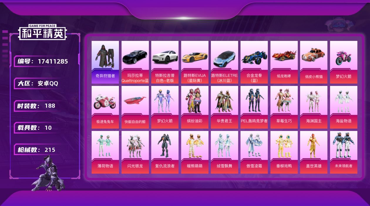 和平精英账号安卓QQ[17411285]【特价出售/店主推荐】安卓 手Q-16粉装-10特效枪-10载具-4粉色飞行器-92168热力值-5王牌印记-188套装-215枪皮
【热门品类】：粉装-梦幻火箭，粉装-缤纷油彩，