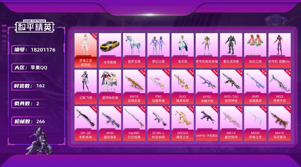 和平精英账号苹果QQ[18201176]苹果 手Q-1神装-9粉装-21特效枪-2载具-8粉色飞行器-91790热力值-13王牌印记-162套装-266枪皮
【红色神装等级】：梦海之灵-妮芮妲(二级)
【红色角色神装】：