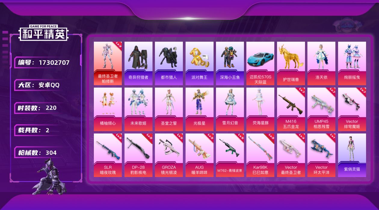 和平精英账号安卓QQ[17302707]【店主推荐捡漏号！可直接换绑】安卓 手Q-1神装-8粉装-11特效枪-2载具-10粉色飞行器-106302热力值-18王牌印记-220套装-304枪皮【红色神装等级】：最终圣卫者-