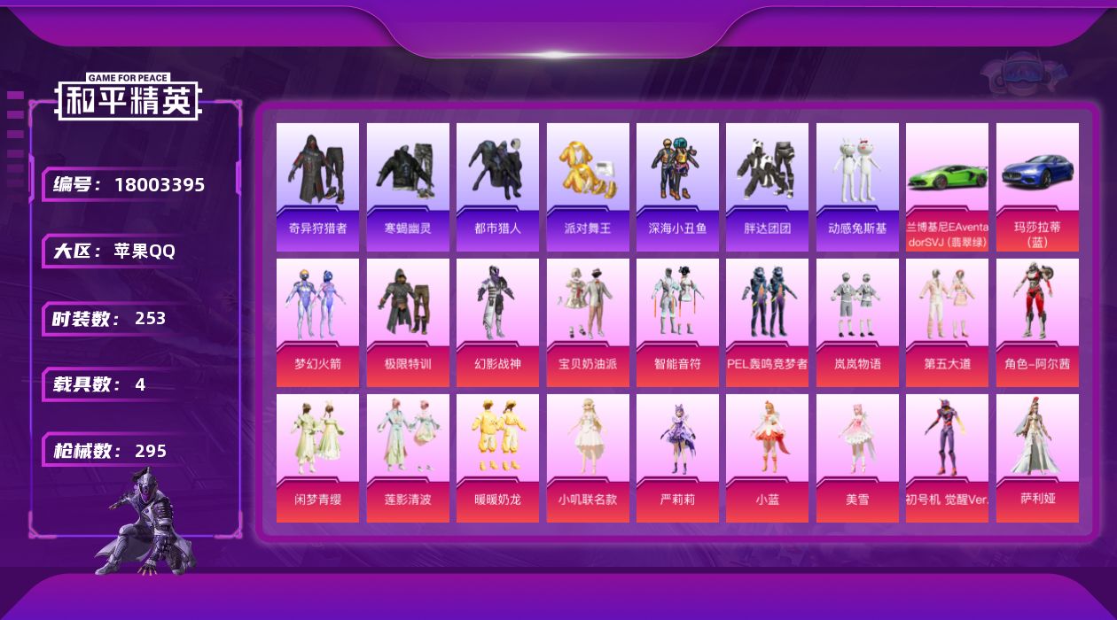 和平精英账号苹果QQ[18003395]绝世印记1 可二次【特价出售/店主推荐】苹果 手Q-19粉装-14特效枪-4载具-6粉色飞行器-109446热力值-13王牌印记-253套装-295枪皮【热门品类】：粉装-梦幻火箭