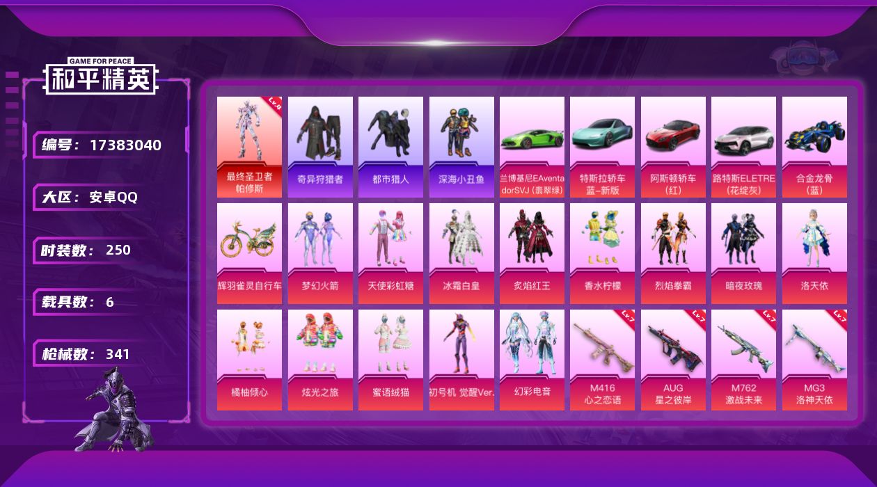 和平精英账号安卓QQ[17383040]安卓 手Q-1神装-14粉装-14特效枪-6载具-9粉色飞行器-125906热力值-22王牌印记-250套装-341枪皮
【红色神装等级】：最终圣卫者-帕修斯(四级)
【红色角色神