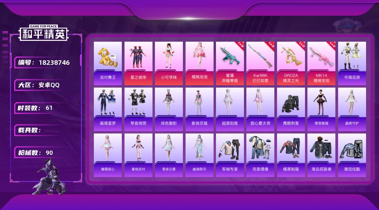 和平精英账号安卓QQ[18238746]安卓 手Q-3粉装-7特效枪-0载具-2粉色飞行器-25952热力值-3王牌印记-61套装-90枪皮
【热门品类】：套装-派对舞王
【粉色套装】：粉装-星之彼岸，角色-小可学妹，角